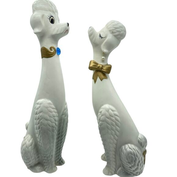 Vintage Napco Japan long-neck poodle figurines 1950 Kitsch MCM 13”‎ White Set - Picture 1 of 9